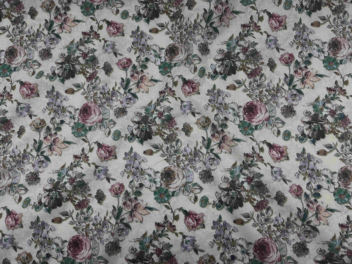 Digital printed cotton lawn fabric with vintage rose pattern in sage green, from Cheapfabrics.