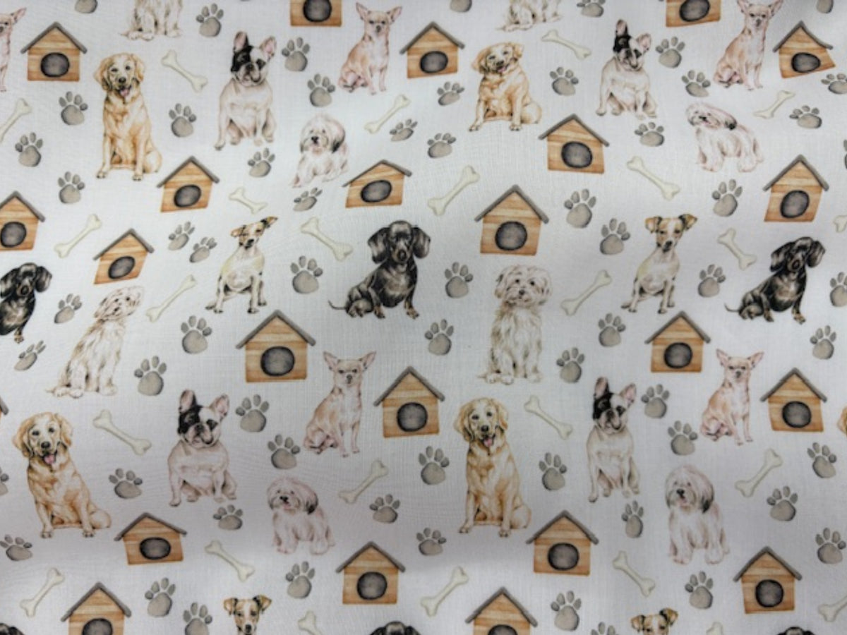 Polycotton printed fabric by Cheap Fabrics featuring playful dog and bone design on white background.