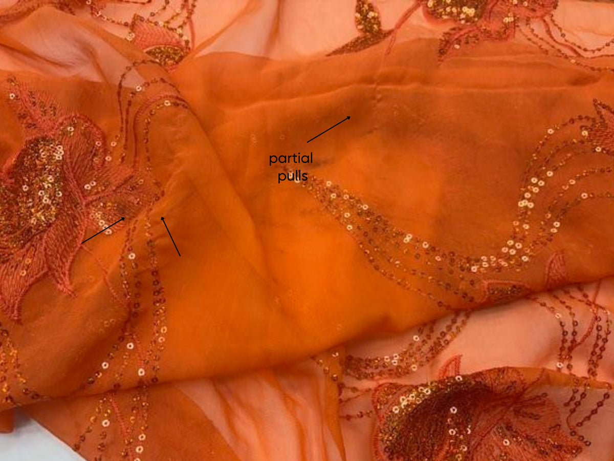 Orange Silk Embroidered Chiffon - 94cms Remnant - SECONDS WITH DEFECT - Cheap Fabrics