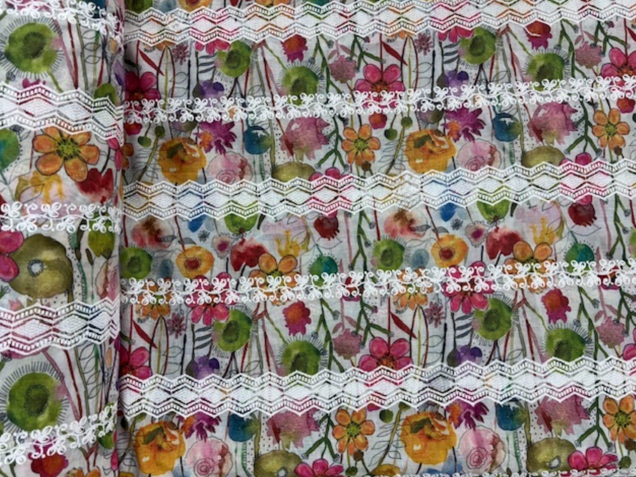 Embroidered Cotton Lawn - Multi Floral Stripe Dress Fabric Embroidered Cotton Lawn - Multi Floral Stripe Dress Fabric