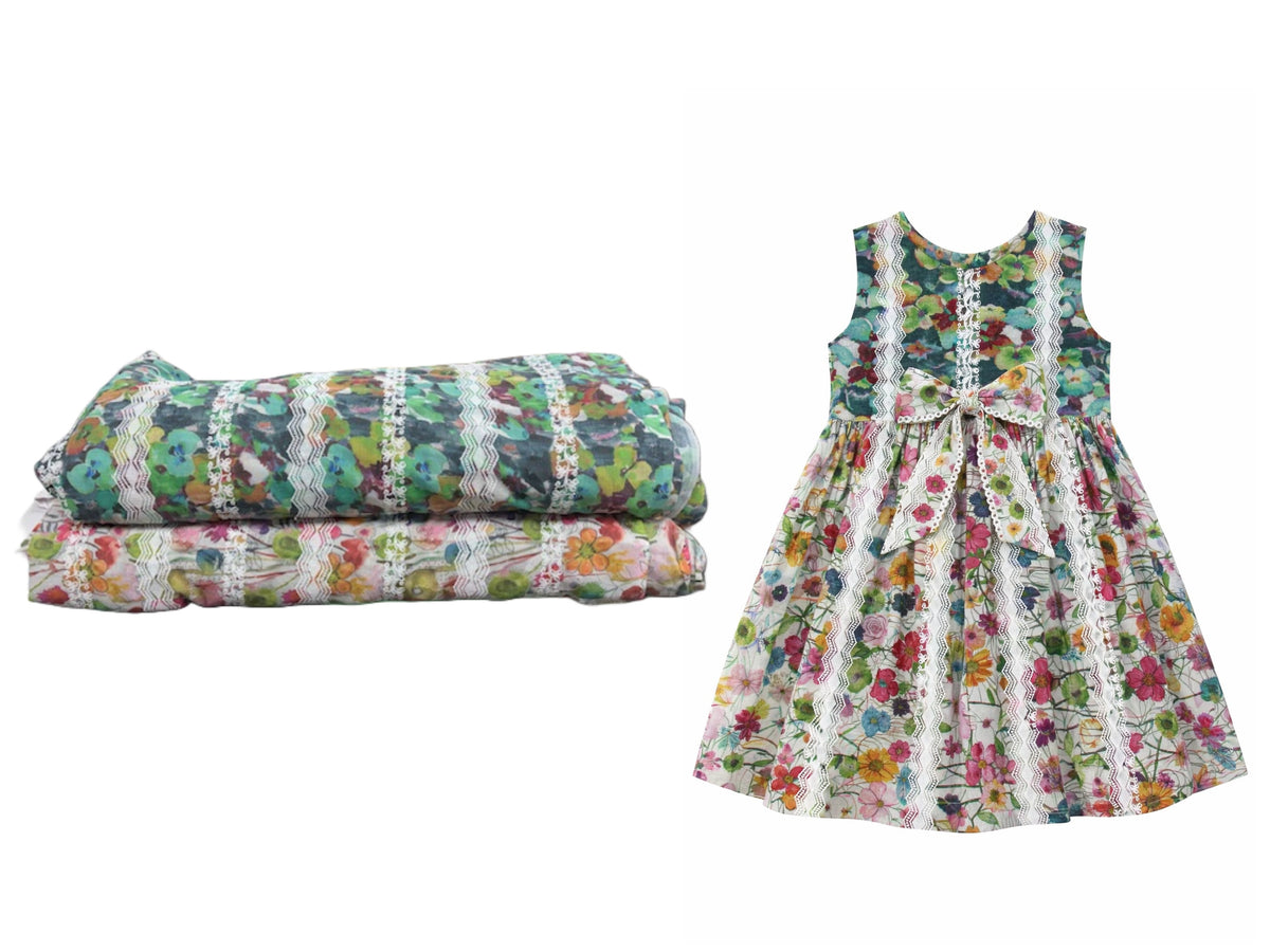 Embroidered cotton lawn fabric with multi-floral and stripe pattern, ideal for dresses, by Cheap Fabrics.