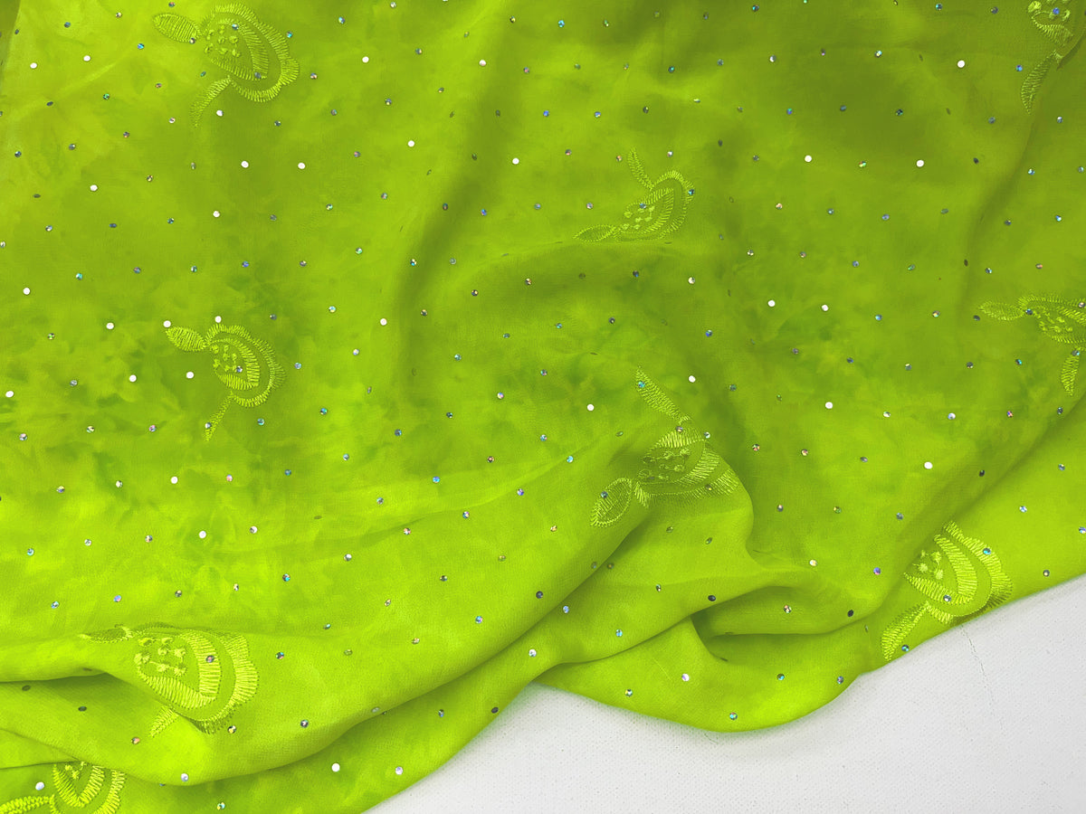 Iridescent Sequin Embroidered Lime Chiffon Fabric