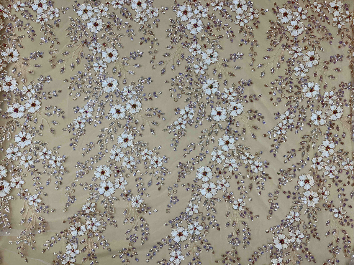 Embroidered Beaded Tulle Fabric - Ribbon Floral