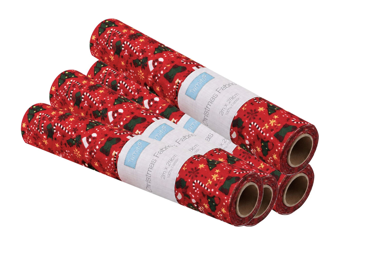 Trimits Christmas print fabric roll table runner, red festive design, 2m x 28cm