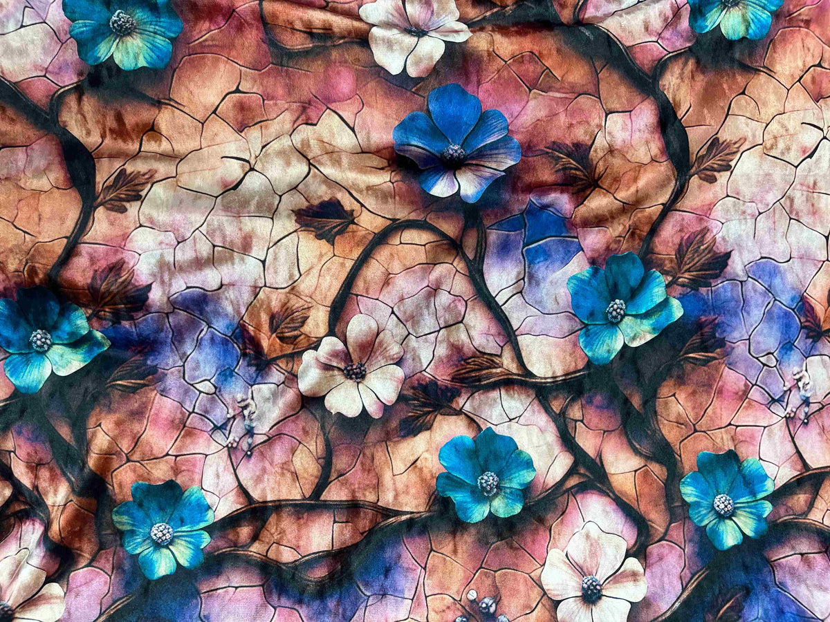 Copper royal floral printed stretch velvet fabric from Cheapfabrics, showcasing vibrant floral patterns and soft velvet texture.