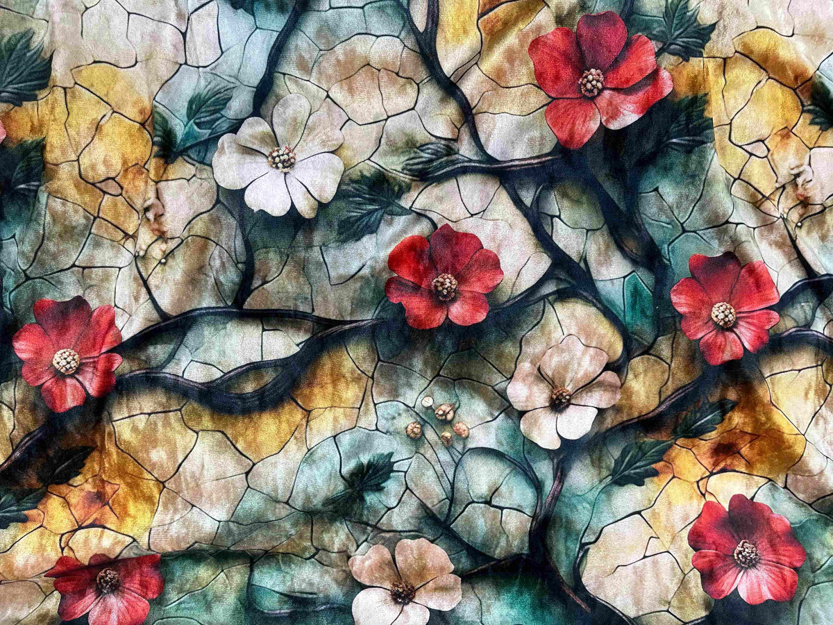 Green and red floral printed velvet fabric from Cheapfabrics, showcasing a soft, stretch velvet material with vibrant floral patterns.