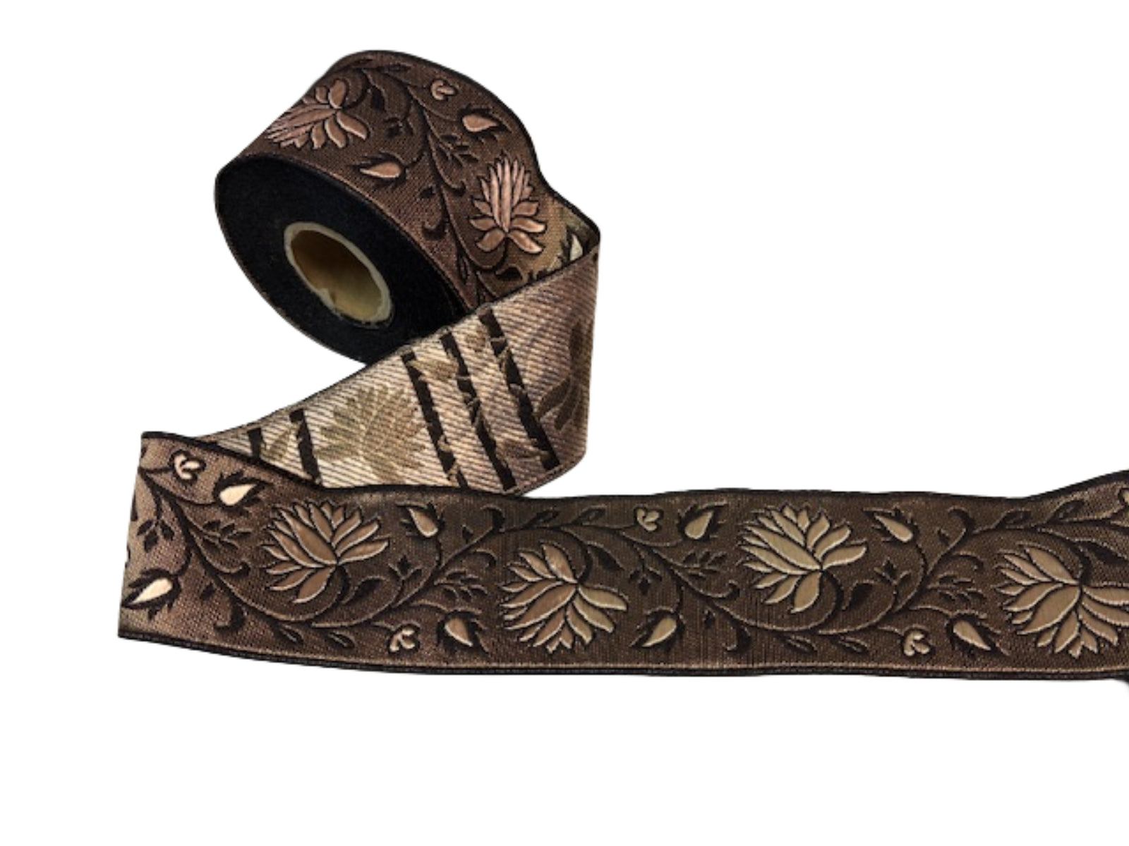 Brown & Bronze Floral Jacquard Trim – 60mm - Cheap Fabrics
