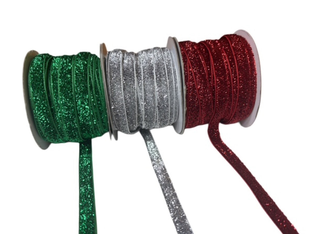 Christmas: Glitter Velvet Ribbon: 10mm - Cheap Fabrics