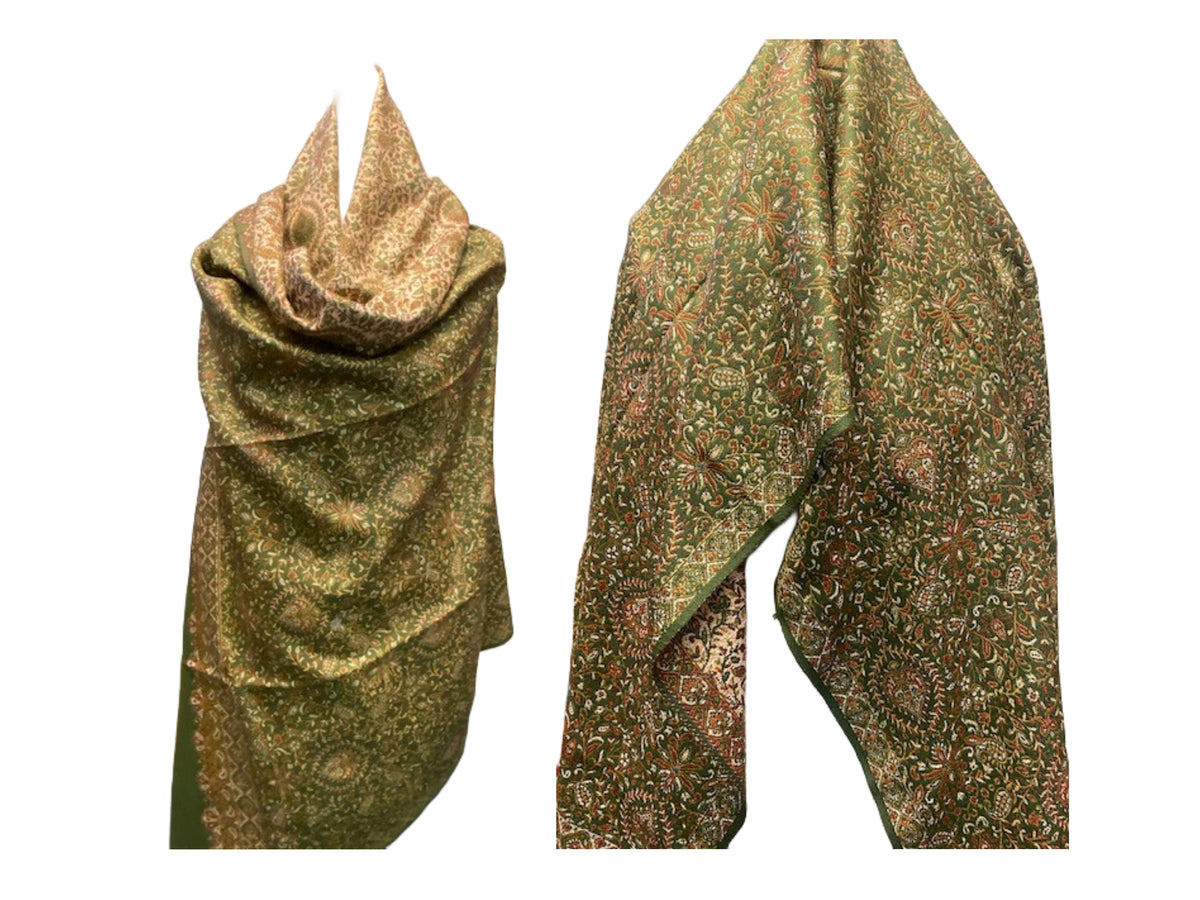 Green Paisley &amp; Flower Wool Mix Shawl - Cheap Fabrics