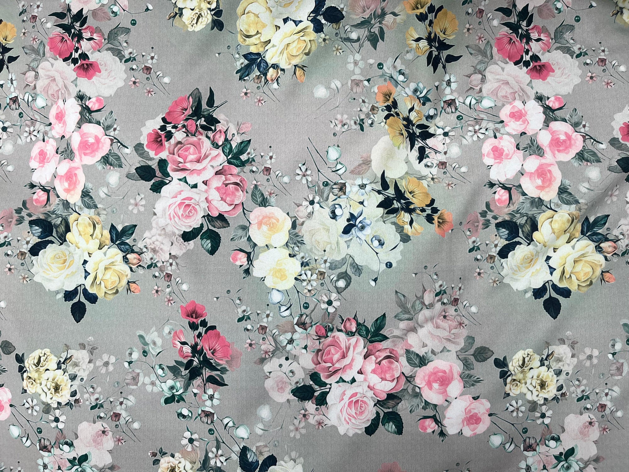 Grey Floral - Printed Peachskin Fabric - Cheap Fabrics