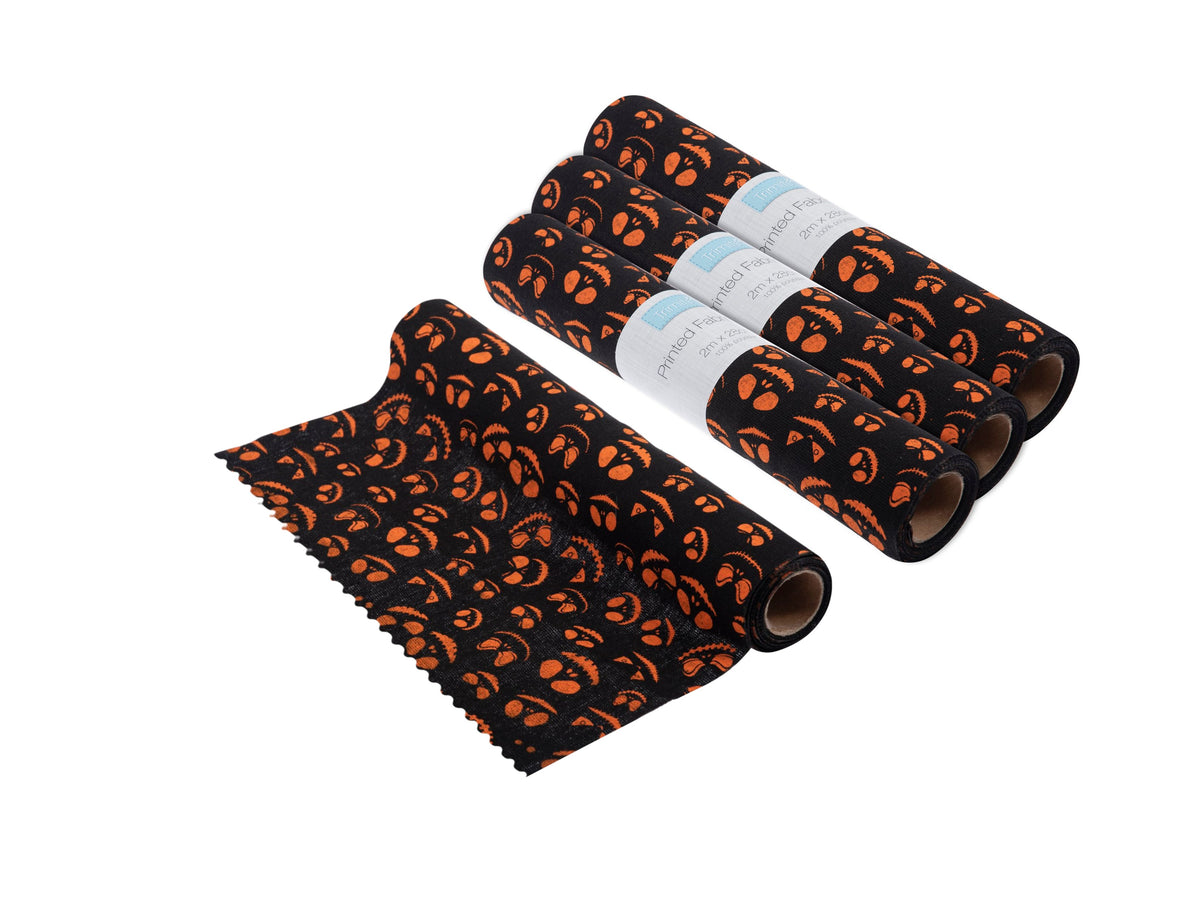Trimits Halloween pumpkins print fabric roll in black, 2m x 28cm, for table runners