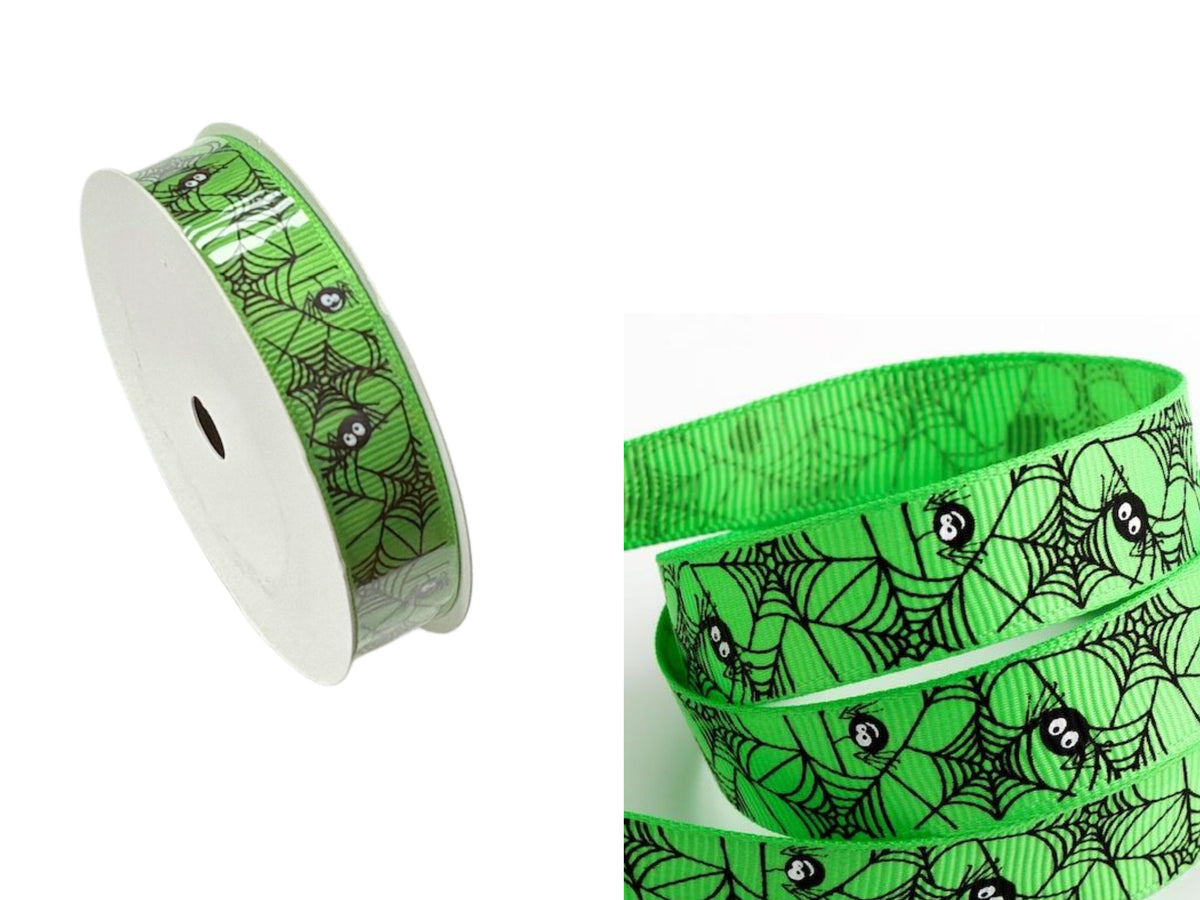 Halloween Grosgrain Ribbon - Green Spiders Cobweb:  5 Metre Roll - Cheap Fabrics