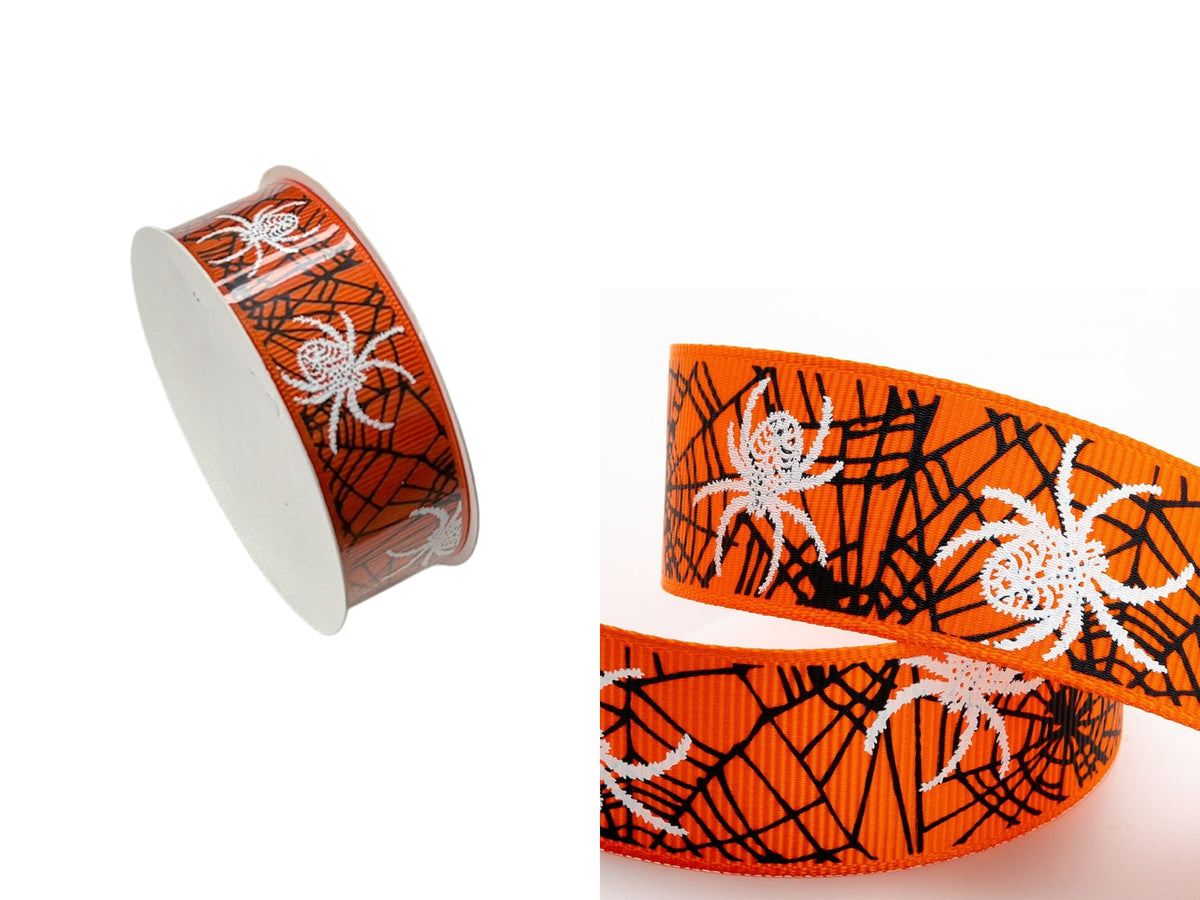 Halloween Grosgrain Ribbon - Orange Spiders:  5 Metre Roll - Cheap Fabrics