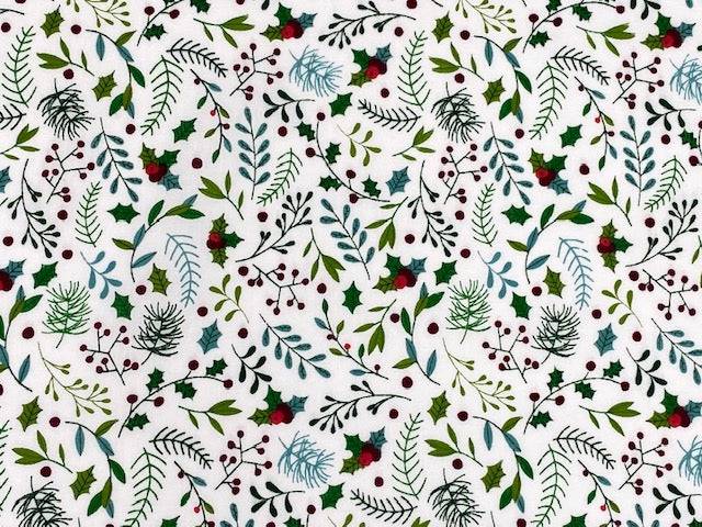 Christmas Holly And Mistletoe - Poly/Cotton Print - Cheap Fabrics