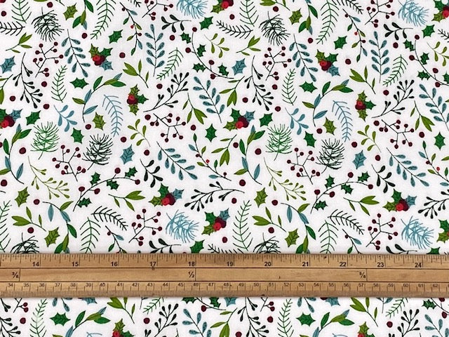 Christmas Holly And Mistletoe - Poly/Cotton Print