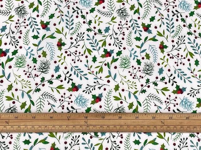 Christmas Holly And Mistletoe - Poly/Cotton Print - Cheap Fabrics