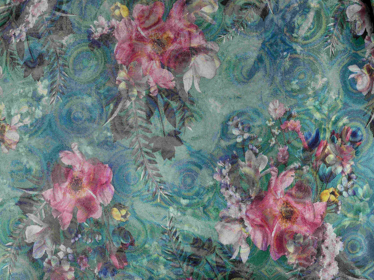 Hologram foil jersey fabric with a flower power design, vibrant iridescent surface, perfect for creative clothing and craft projects.