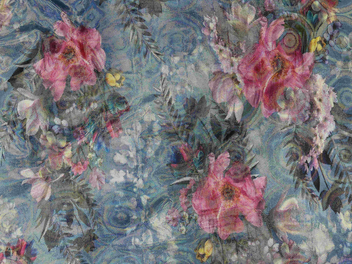 Blue hologram foil jersey fabric featuring a flower power pattern, perfect for creative clothing and craft projects.
