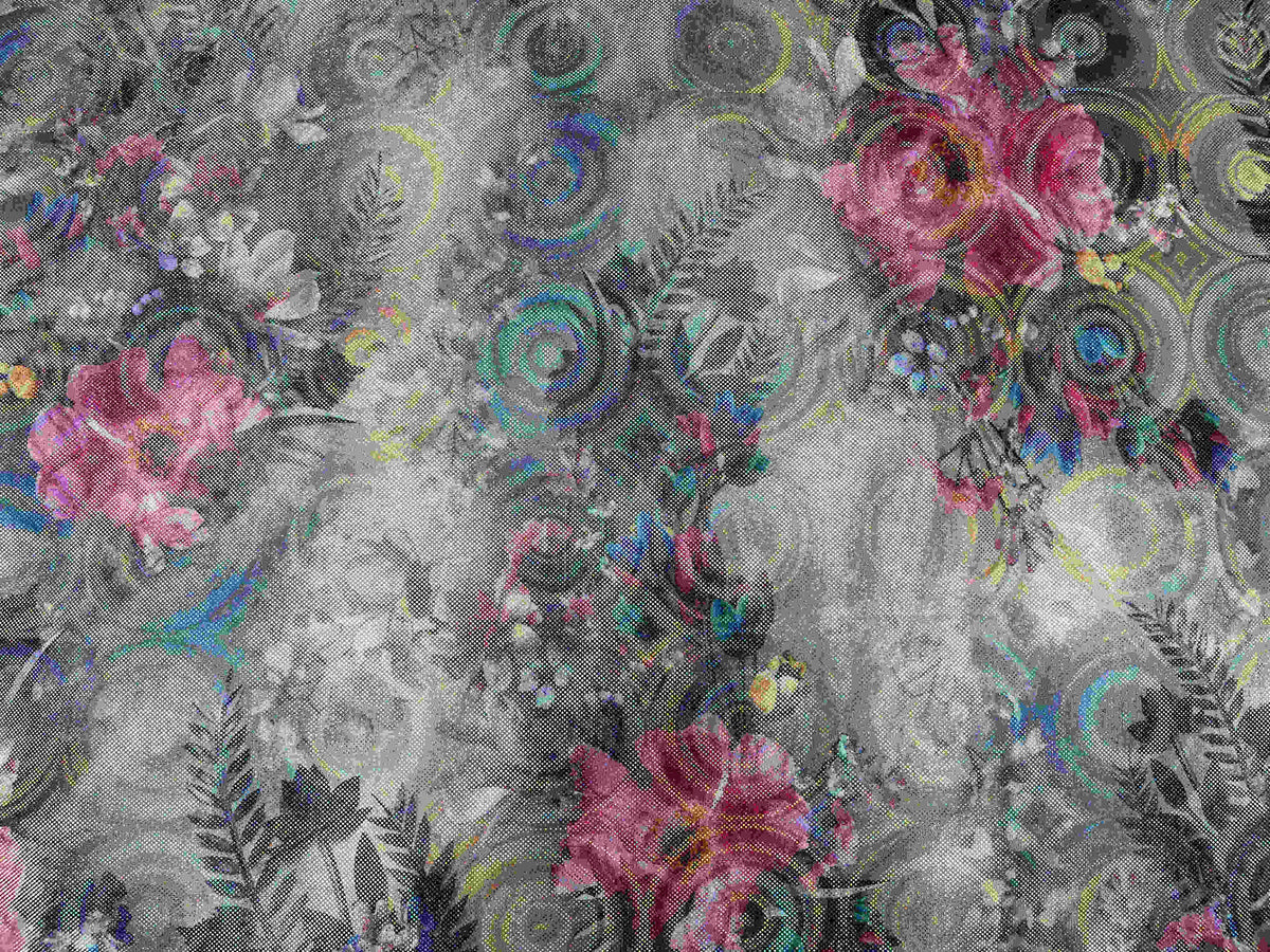 Gray hologram foil jersey fabric with a colorful flower power pattern, ideal for fashion and craft projects.
