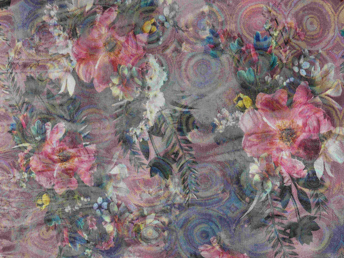 Pink hologram foil jersey fabric featuring a vibrant flower power pattern, ideal for fashion and craft projects.