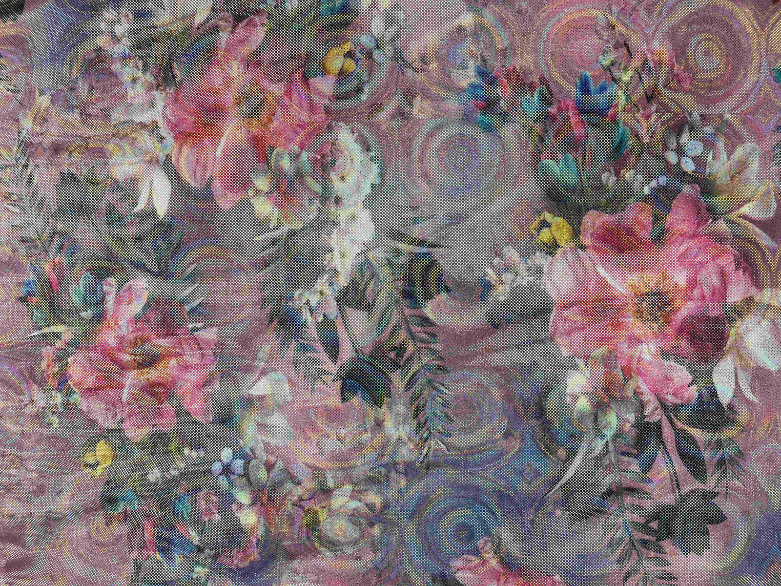 Hologram foil jersey fabric with a flower power design, vibrant iridescent surface, perfect for creative clothing and craft projects.