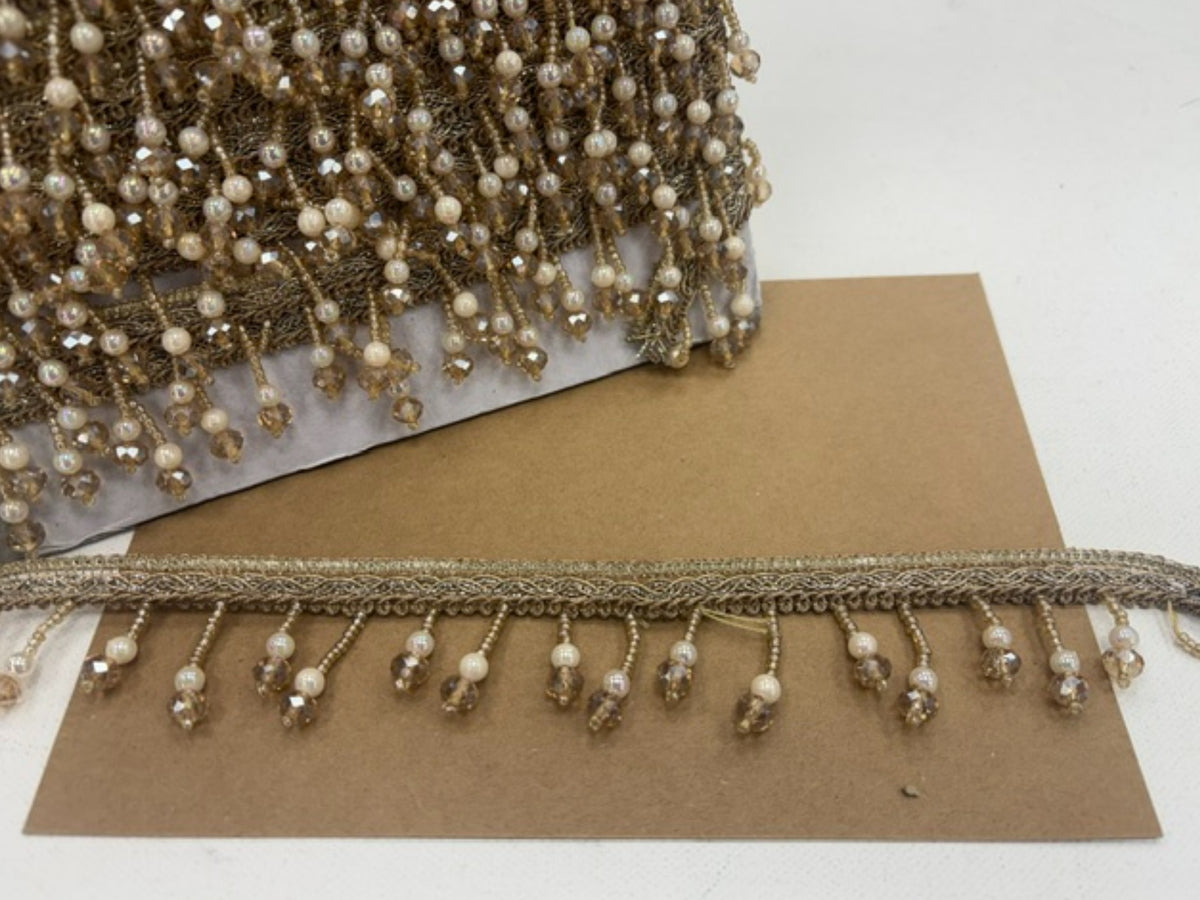 Gold Lace Tassel Trim with Ivory Pearls
