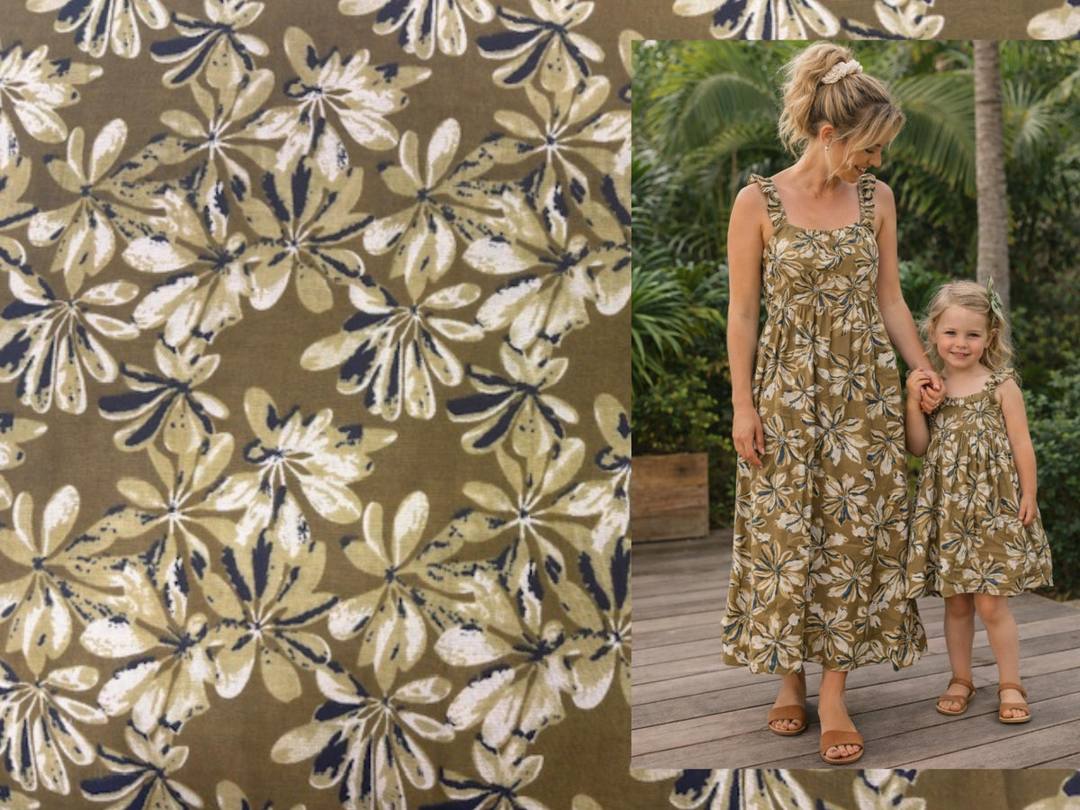 Indian ethnic cotton fabric with olive floral print, showcasing a vibrant cotton textile by Cheap Fabrics.
