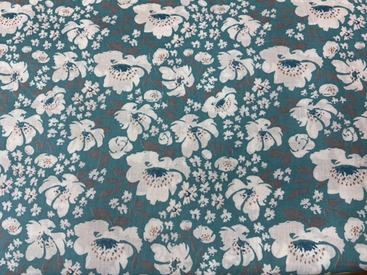 Indian Ethnic Cotton Prints fabric featuring teal floral patterns, soft cotton material from Cheap Fabrics.