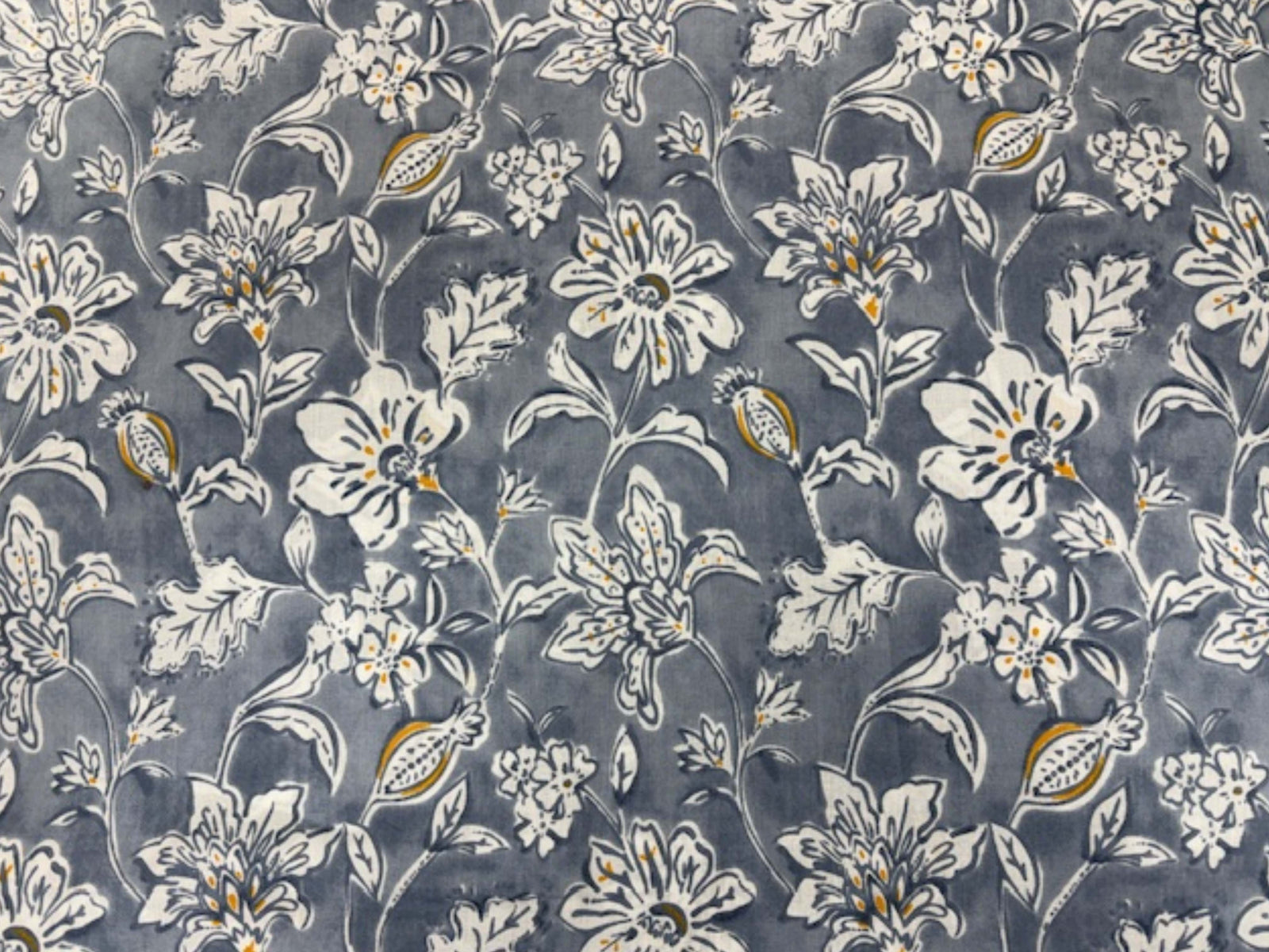 Indian Ethnic Cotton Prints fabric in grey floral design, lightweight cotton material ideal for traditional clothing and crafts.