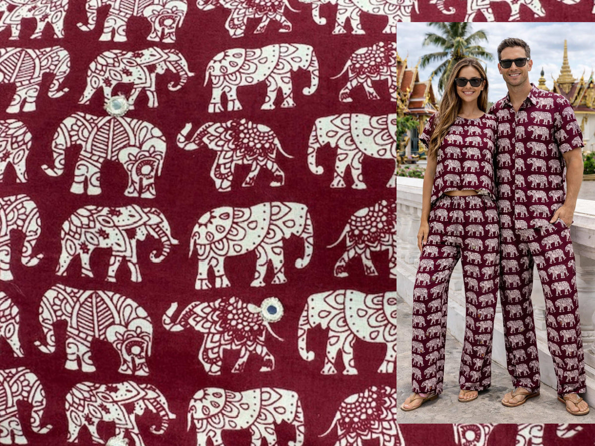 Indian ethnic cotton fabric featuring a maroon print with elephants and flexi mirrors, crafted by Cheap Fabrics.