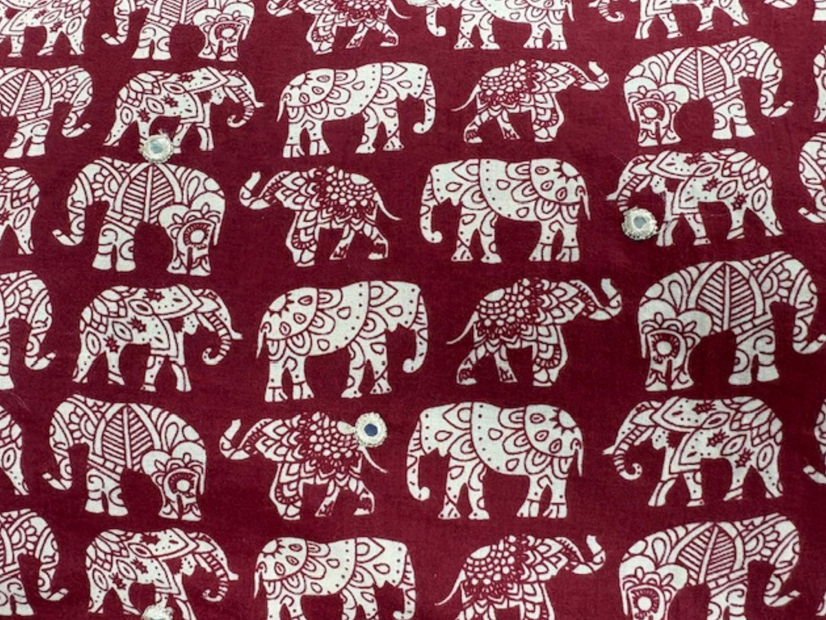 Maroon Indian ethnic cotton fabric featuring elephant print with flexi mirrors, crafted by Cheap Fabrics.