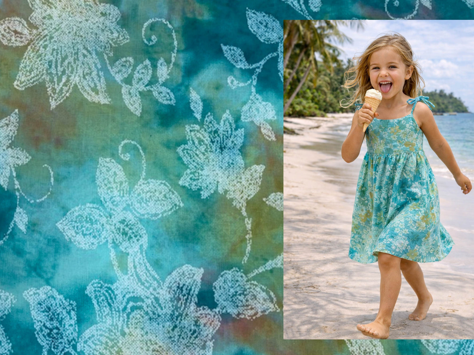 Indian ethnic cotton fabric in turquoise waters with intricate prints, perfect for traditional clothing and craft projects.