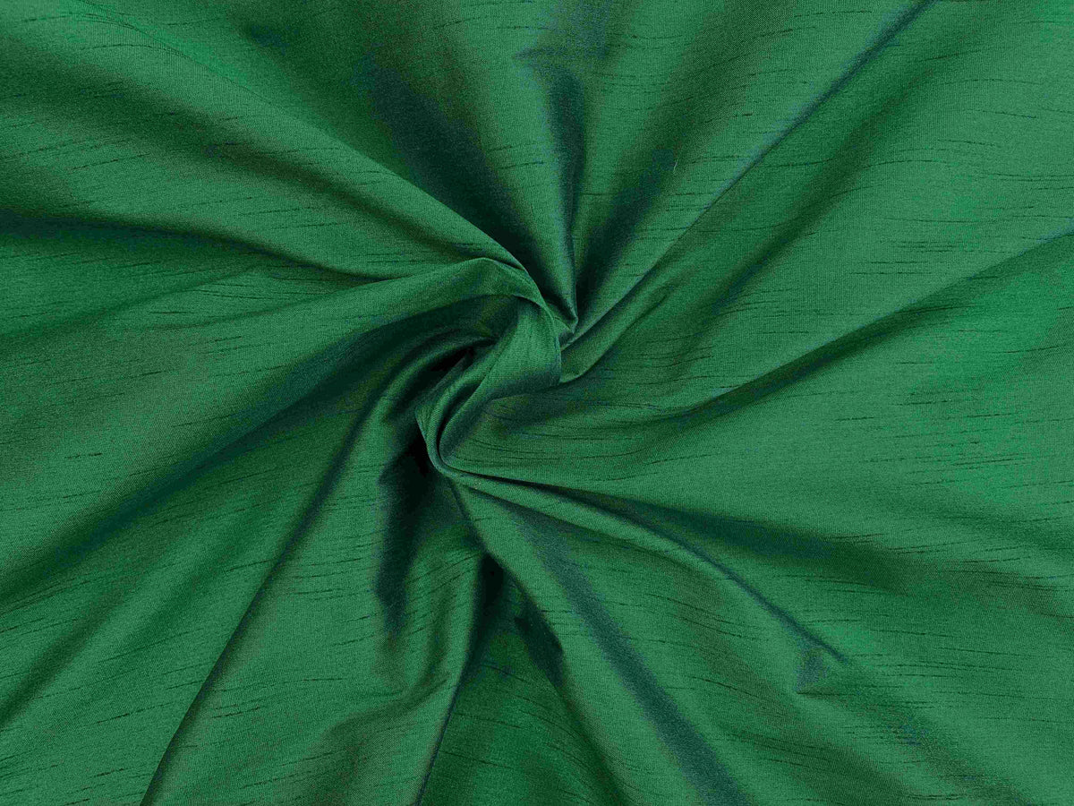 Emerald Indian raw silk fabric, 58-inch faux silk material from Cheap Fabrics, showcasing smooth, luxurious textile with rich color.