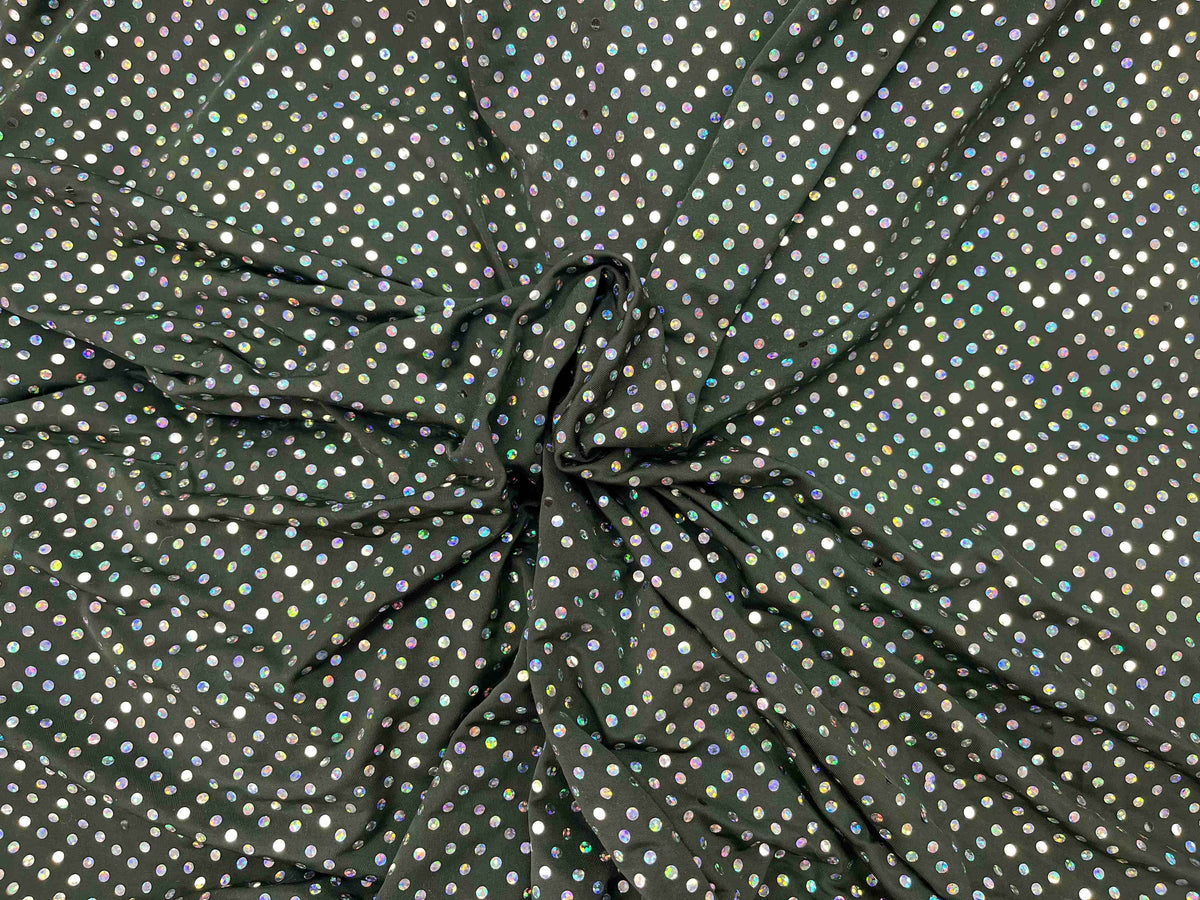 Forest green hologram sequin jersey fabric with a shimmering finish, ideal for costumes and creative projects.