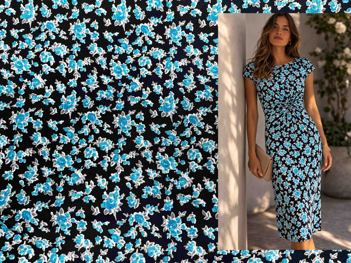 Kingfisher Floral Printed Jersey Fabric - Cheap Fabrics