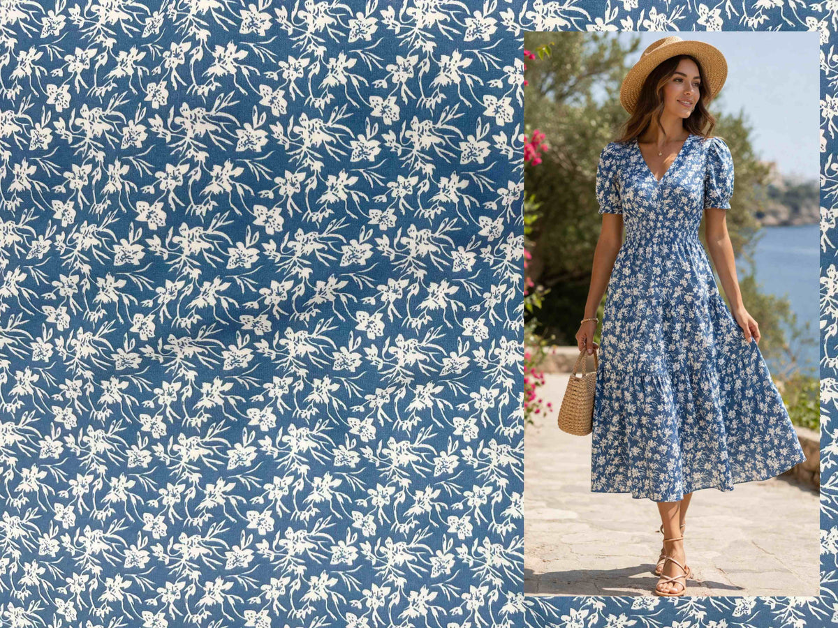 Kingfisher Floral printed crepe fabric by Cheap Fabrics, showcasing vibrant floral design on lightweight crepe material.