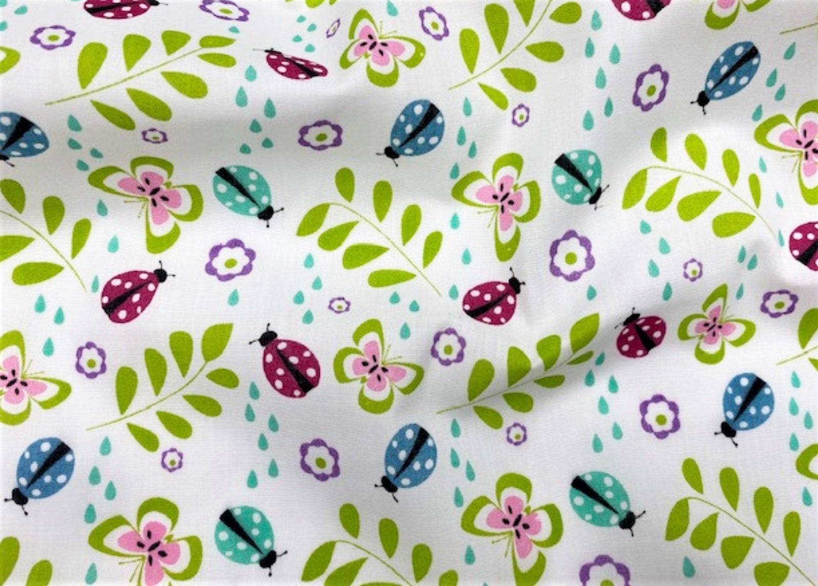 Ladybird & Butterfly With Leaves - Poly/Cotton Print - Cheap Fabrics