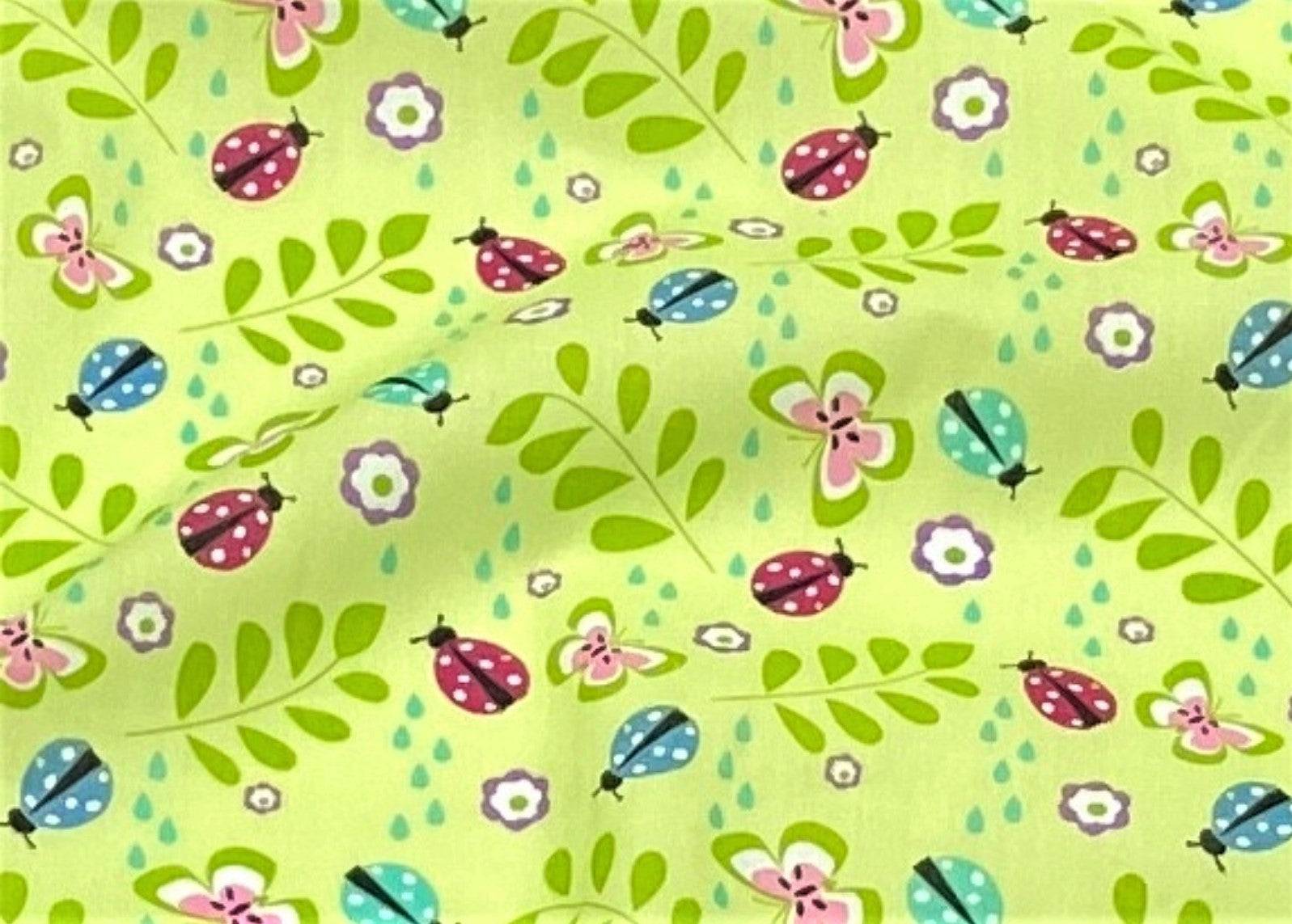 Ladybird & Butterfly With Leaves - Poly/Cotton Print - Cheap Fabrics