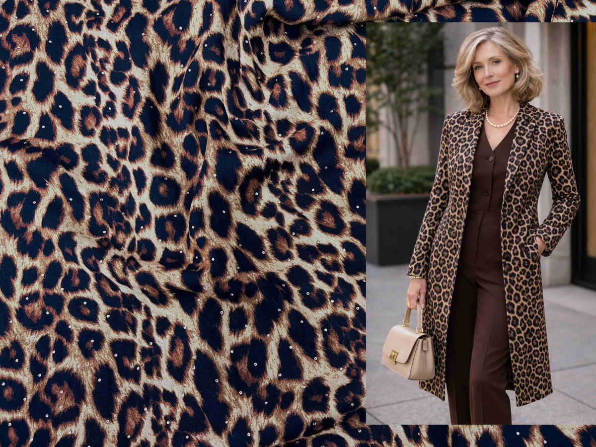Leopard Dew Drop printed viscose fabric from Cheapfabrics, showcasing a vibrant leopard print pattern on soft, lightweight viscose material.