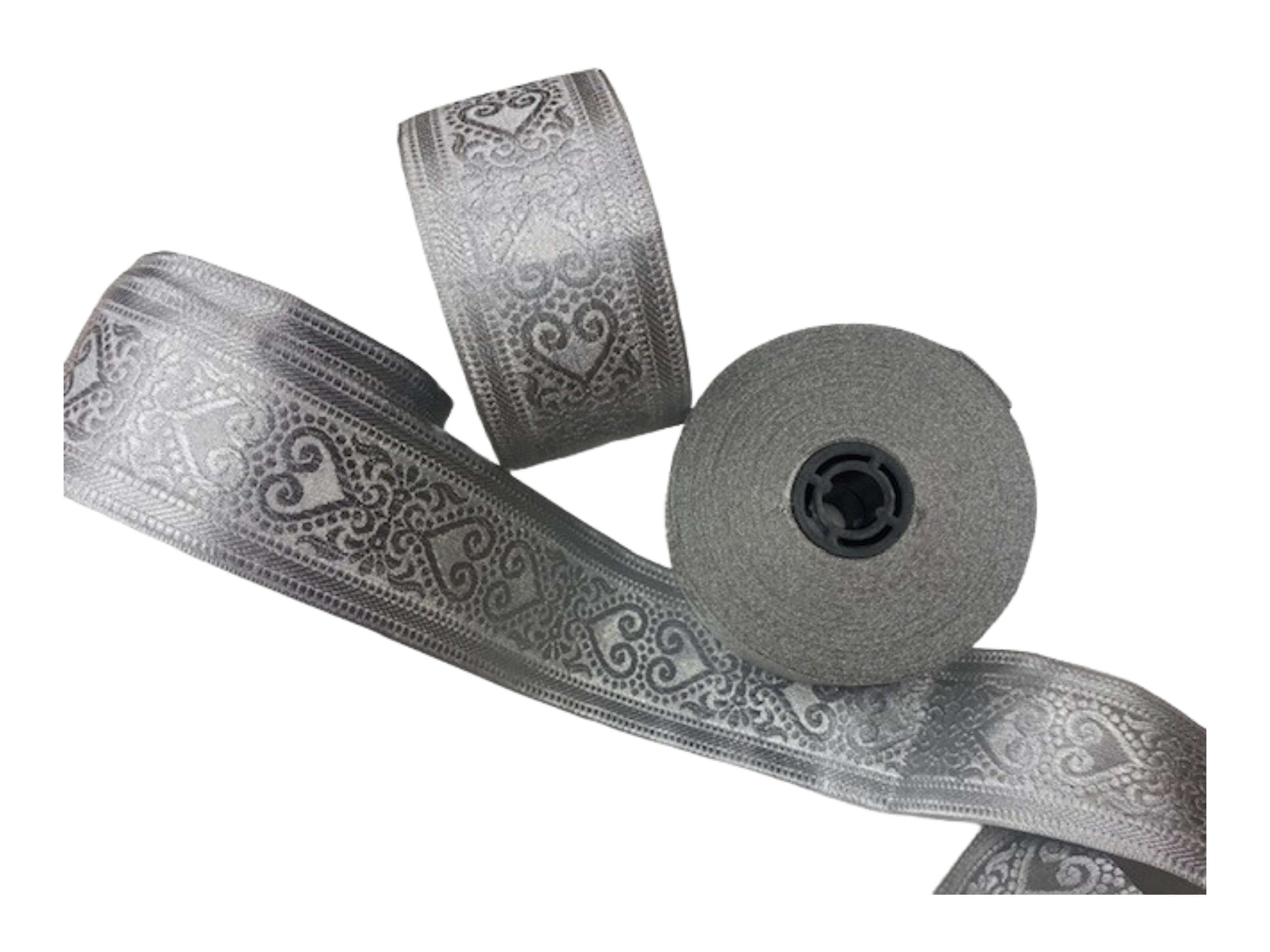 Metallic Jacquard Ribbon - Silver Heart 53mm (DEFECT) - Cheap Fabrics