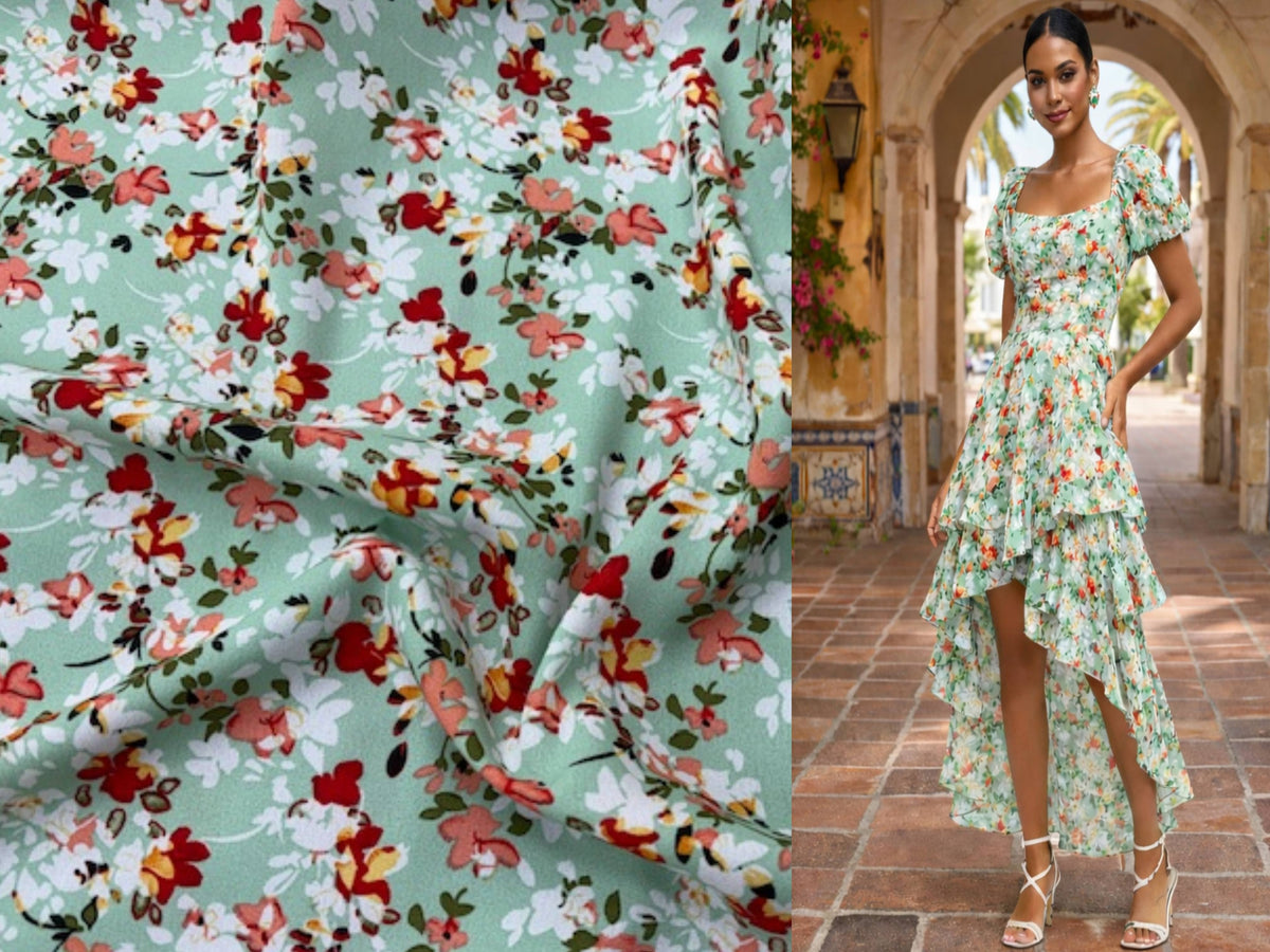 Mint floral printed crepe fabric with a Spanish model, showcasing the soft texture and vibrant floral pattern of Cheap Fabrics.