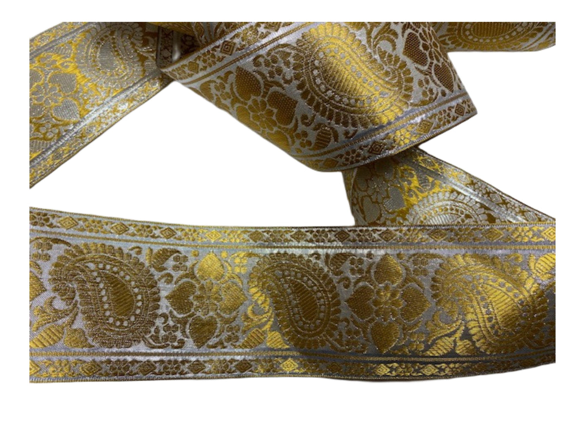 Metallic Jacquard Wide Ribbon - Paisley Silver &amp; Gold (90mm Width) - Cheap Fabrics