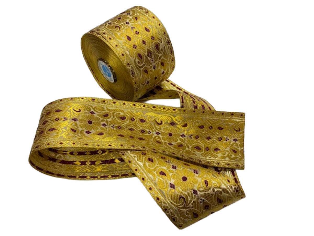 Metallic Jacquard Wide Ribbon - Gold &amp; Wine (82mm Width) - Cheap Fabrics