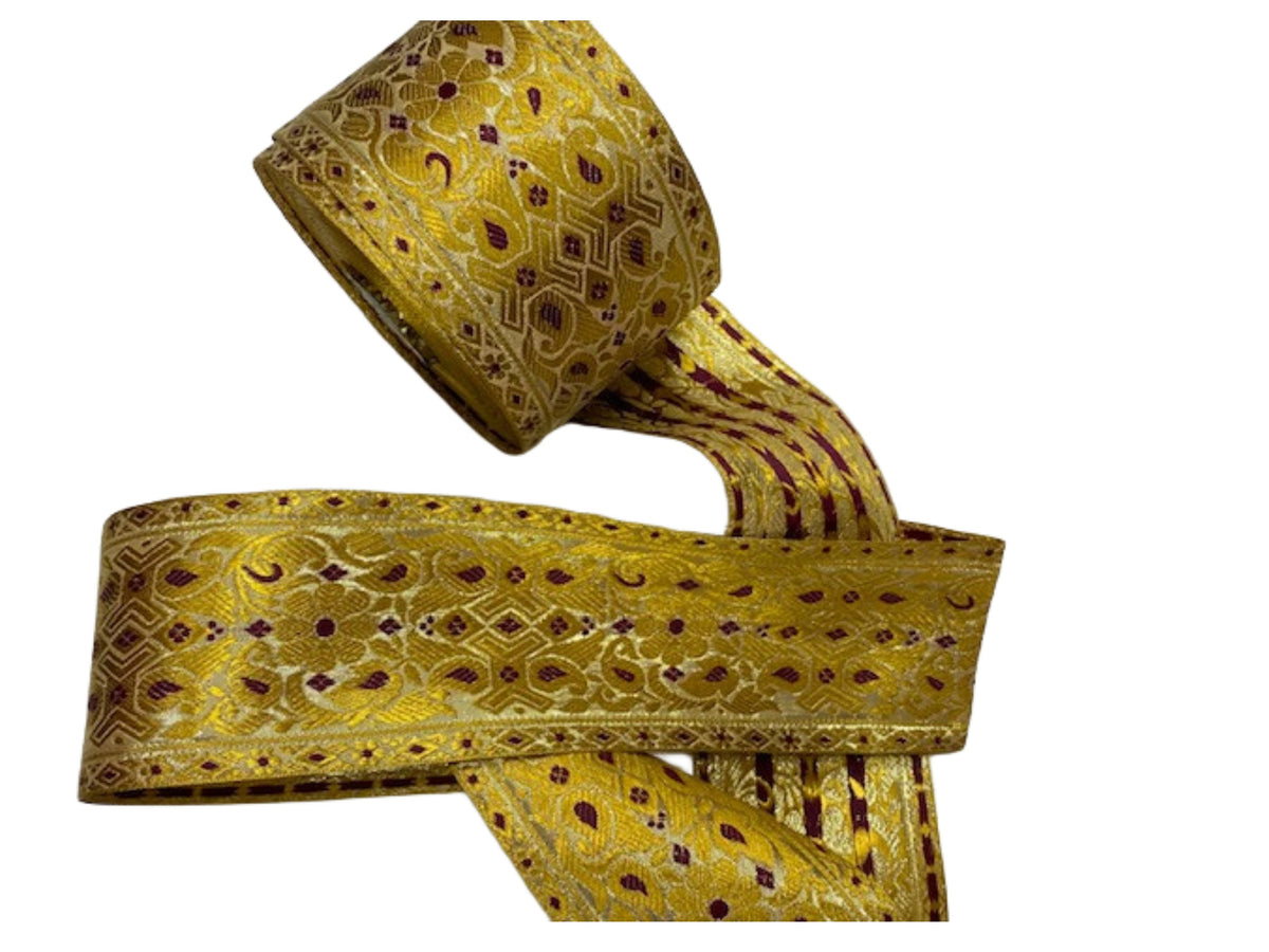 Metallic Jacquard Wide Ribbon - Gold &amp; Wine (82mm Width) - Cheap Fabrics