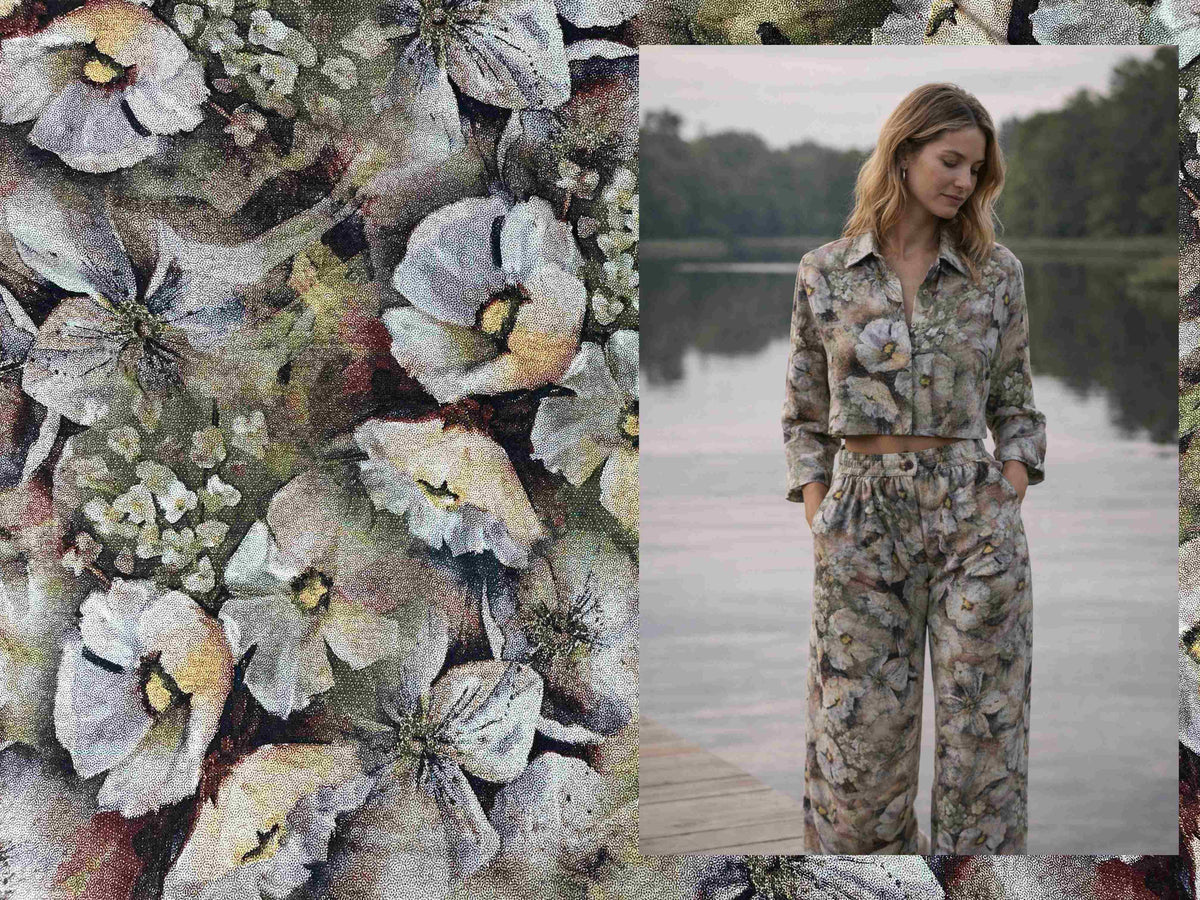 Olive and violet forestry-themed modal jersey fabric from Cheapfabrics, showing soft, lightweight jersey material with woodland pattern.