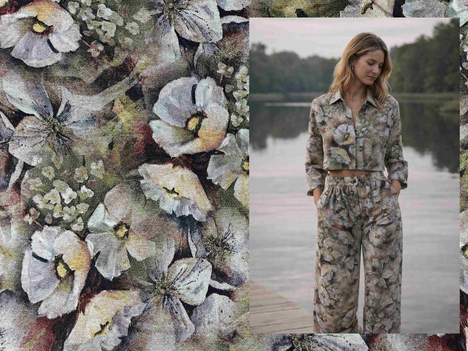 Olive and violet forestry-themed modal jersey fabric from Cheapfabrics, showing soft, lightweight jersey material with woodland pattern.