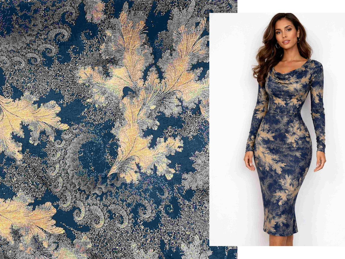Navy and copper feather fountain pattern modal jersey fabric by Cheap Fabrics, showing soft, lightweight material with elegant feather design.