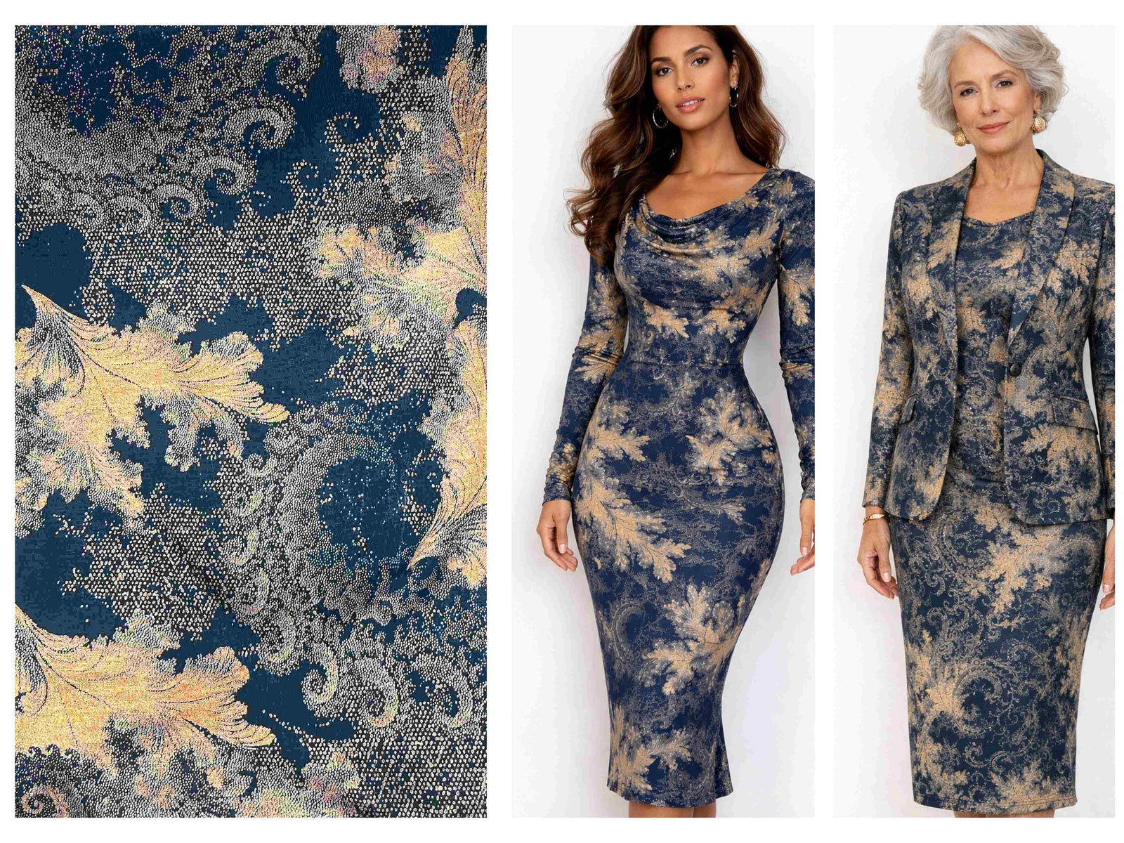 Navy and copper feather fountain modal jersey fabric from Cheap Fabrics, showing soft, lightweight textile with intricate feather design.