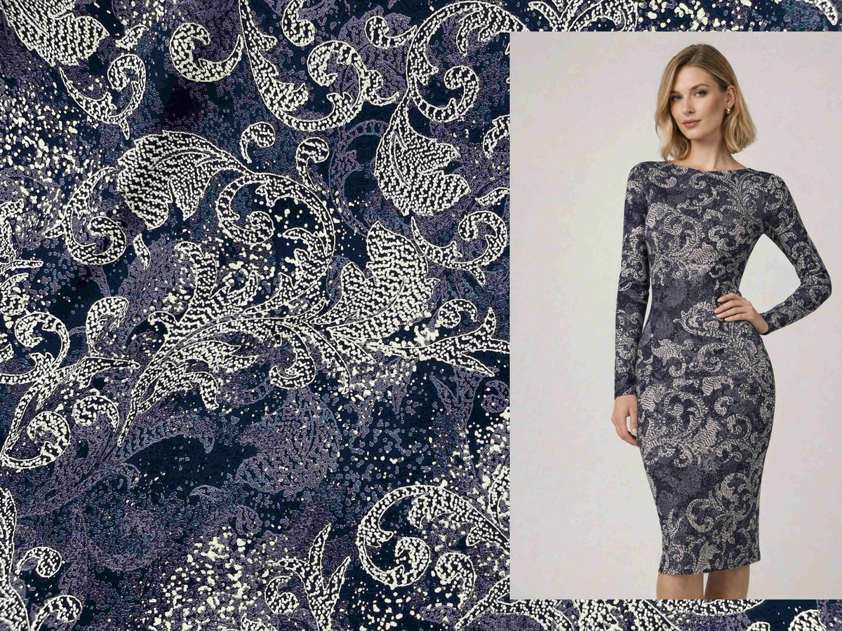 Navy Modal Jersey Fabric by Cheapfabrics with a colorful swirl pattern, shown as a fabric illustration.