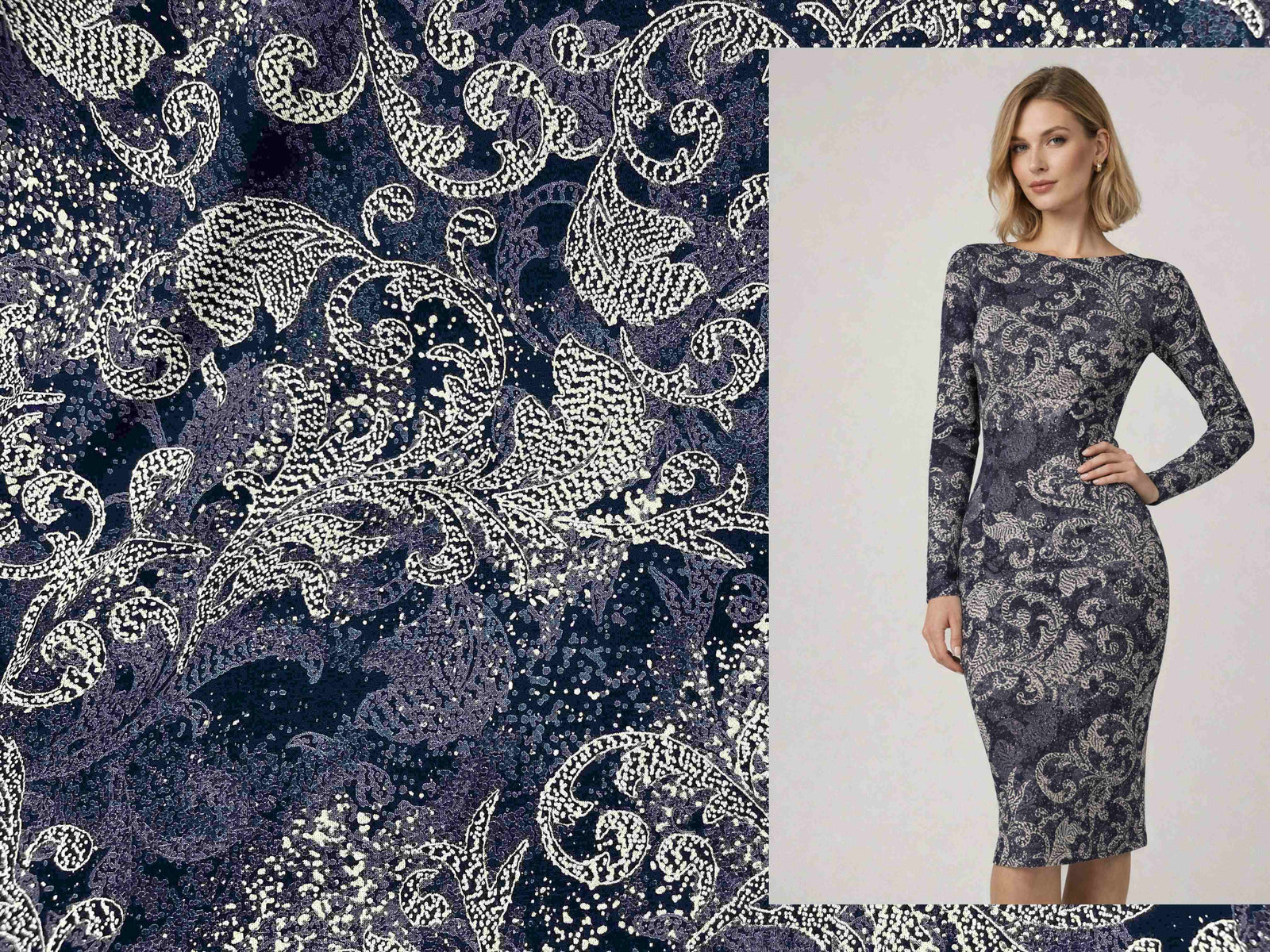 Navy Modal Jersey Fabric by Cheapfabrics with a colorful swirl pattern, shown as a fabric illustration.